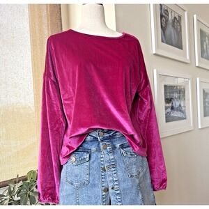 Kaleidoscope Accessories Pink Velvet Top Womens M 100% Cotton Puff Sleeve‎ NWT